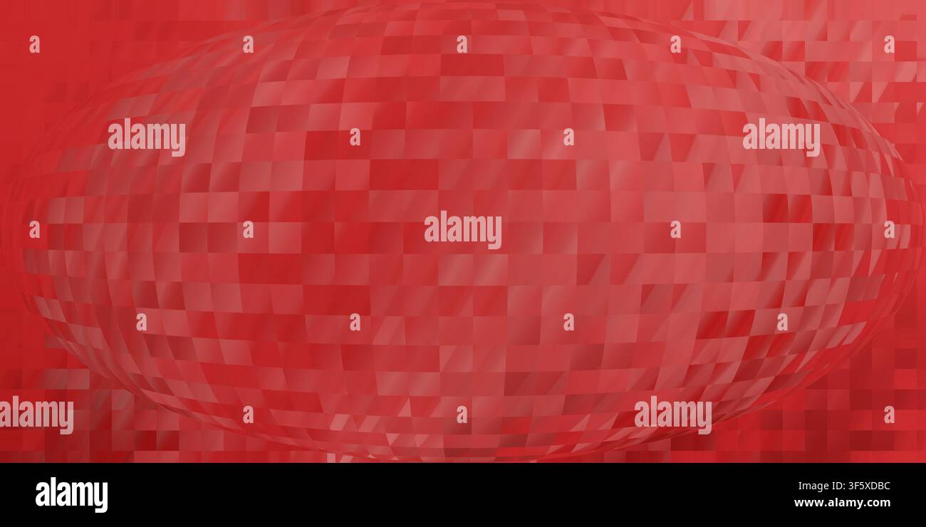 Ein digitaler abstrakter Hintergrund mit einem zentralen sphärischen Verzerrungseffekt, der aus einem Raster quadratischer Pixel in verschiedenen Schattierungen von lebhaftem Rot besteht. Stockfoto