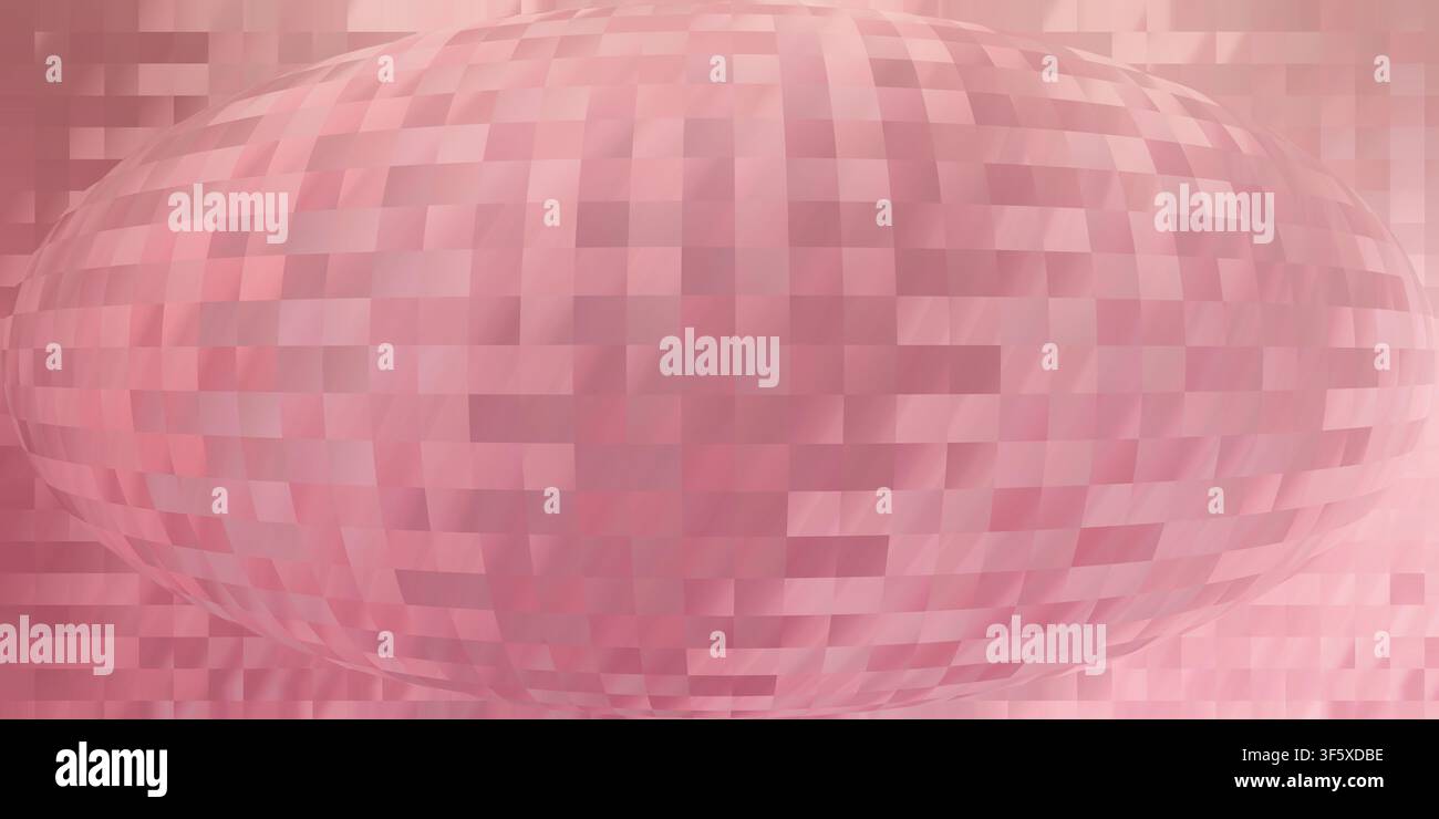 Ein digitaler abstrakter Hintergrund mit einem zentralen sphärischen Verzerrungseffekt, der aus einem Raster quadratischer Pixel in verschiedenen Tönen von zartem Rosa besteht und p Stockfoto