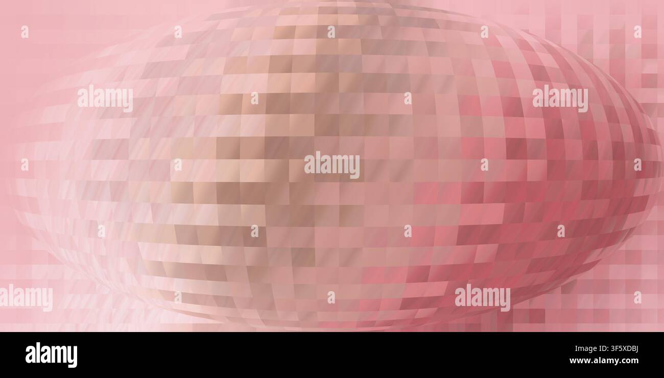 Eine weiche, monochromatische Kugel, die aus einem Raster von rosa Quadraten besteht und einen sanften, pixelierten Effekt mit subtilen Licht- und Schattengradienten erzeugt. Stockfoto