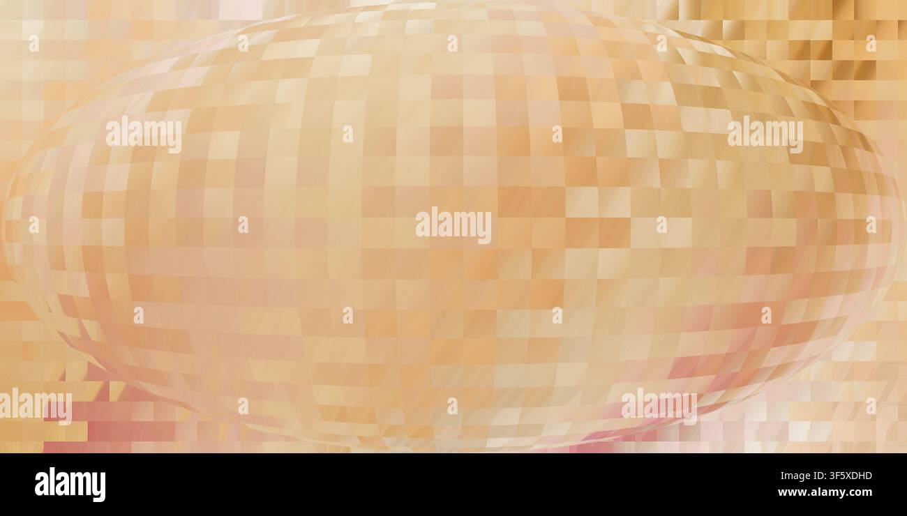 Ein abstrakter digitaler Hintergrund mit einer zentralen leuchtenden Kugel, die aus einem Raster rechteckiger Pixel in Goldtönen besteht und eine warme und technische Ästhetik erzeugt Stockfoto