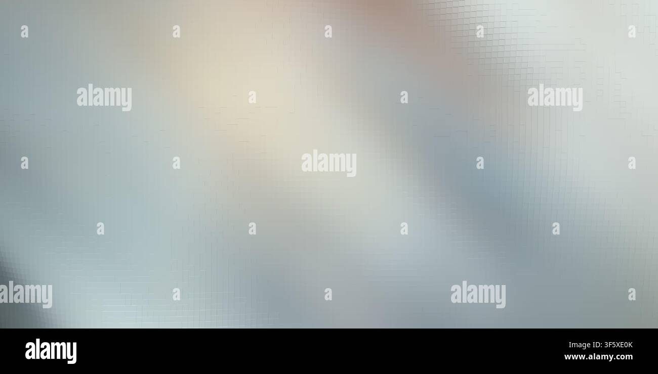 Ein abstrakter digitaler Hintergrund mit einem sanften, fließenden Farbverlauf aus gedämpftem Grau, Silber und weichen warmen Highlights, überlagert mit einem subtilen, feinen Raster Stockfoto