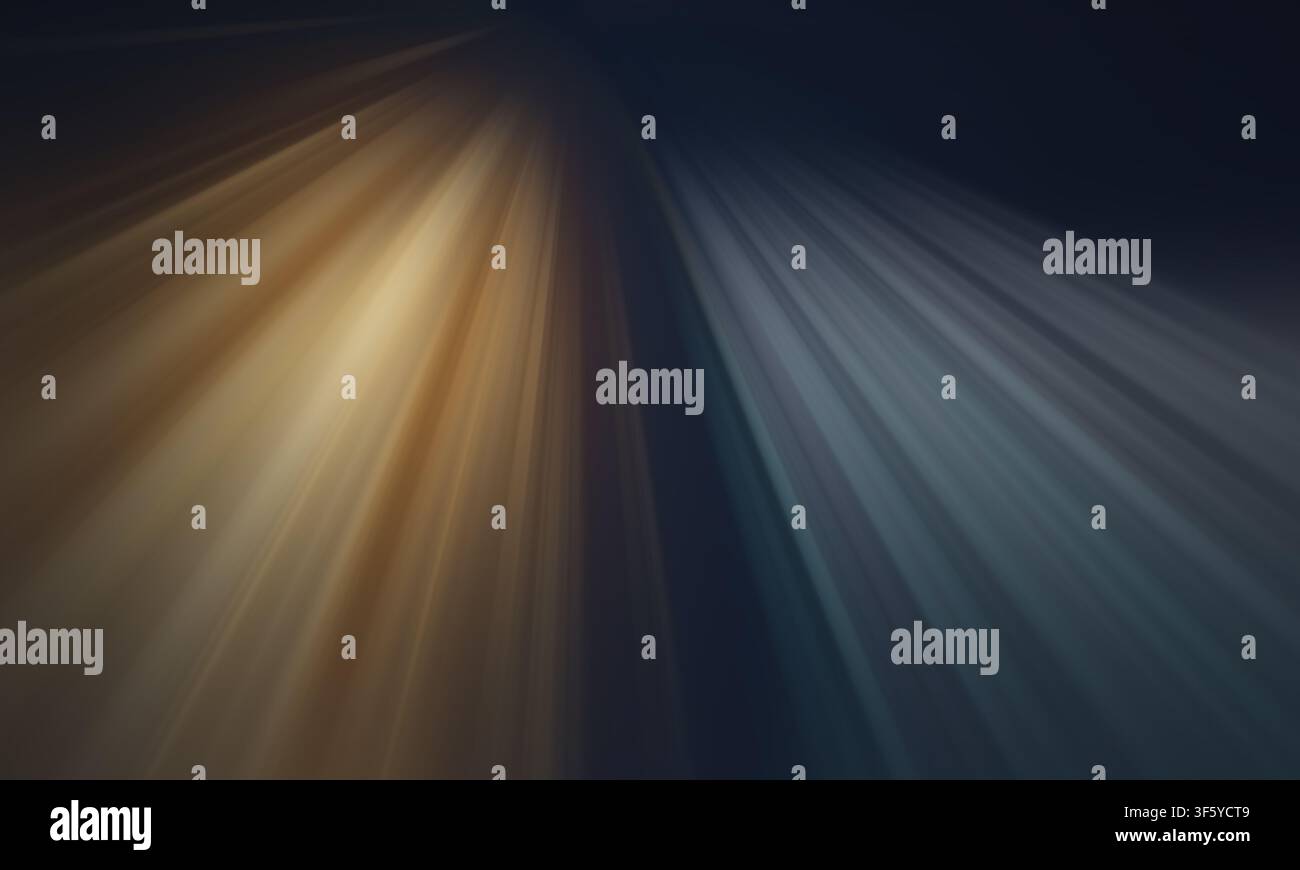 Ein hochwertiger abstrakter Hintergrund mit dynamischen, konvergierenden Lichtstrahlen in warmen Gold- und kühlen Blautönen, der ein Gefühl von Geschwindigkeit und Bewegung erzeugt. Stockfoto