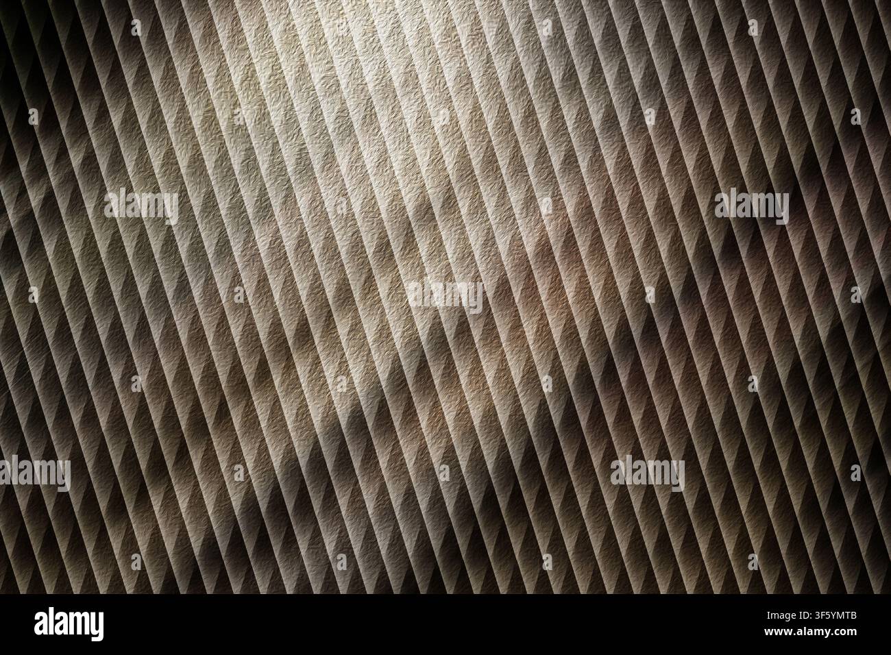 Ein strukturierter abstrakter Hintergrund mit einem sich wiederholenden diagonalen Rautenmuster, beleuchtet von einem weichen, hellen Spotlichteffekt. Stockfoto