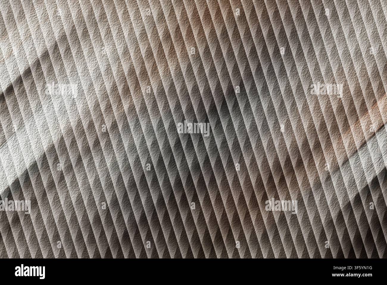 Ein hochauflösender abstrakter Hintergrund mit einem sich wiederholenden diagonalen Muster und einer metallischen, texturierten Oberfläche in gemischten Tönen von Silber, Bronze und G Stockfoto