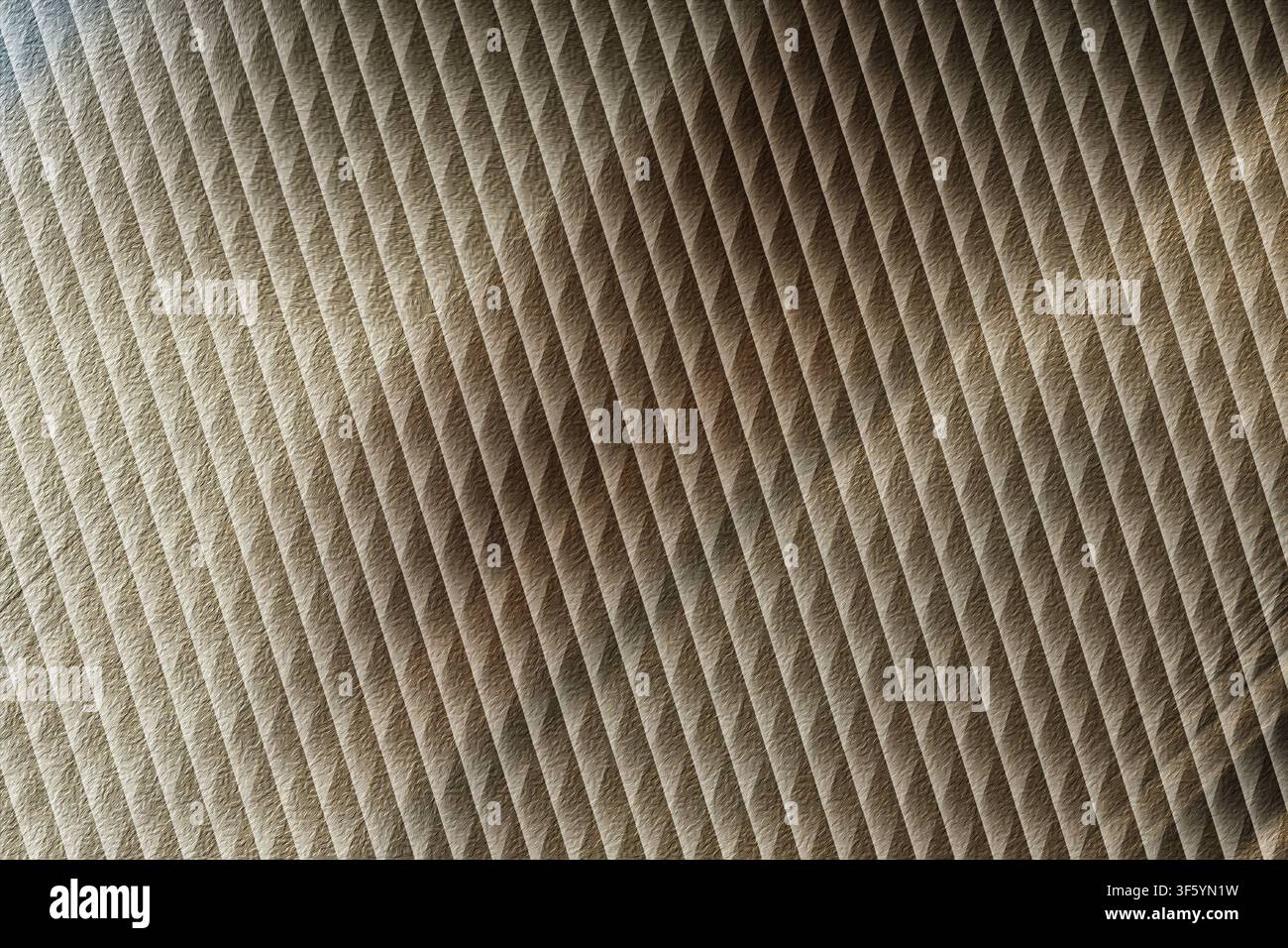 Ein hochauflösender abstrakter Hintergrund mit einem sich wiederholenden diagonalen Muster und einer metallischen, texturierten Oberfläche in warmen Bronze-, Gold- und Brokat-Tönen Stockfoto