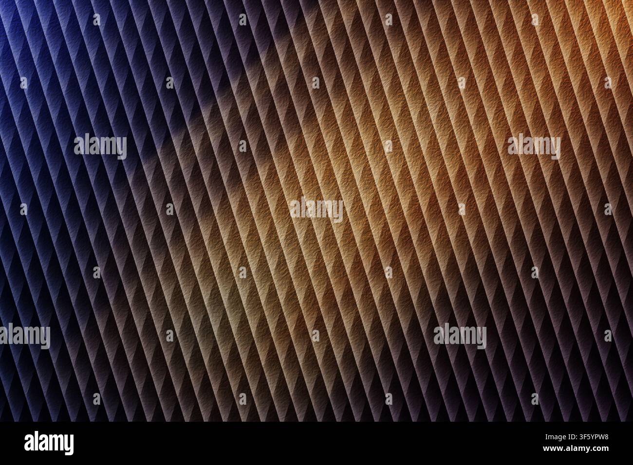 Ein strukturierter Hintergrund mit einem sich wiederholenden diagonalen Muster, beleuchtet von einem lebendigen blauen und orangen Farbverlaufseffekt. Stockfoto