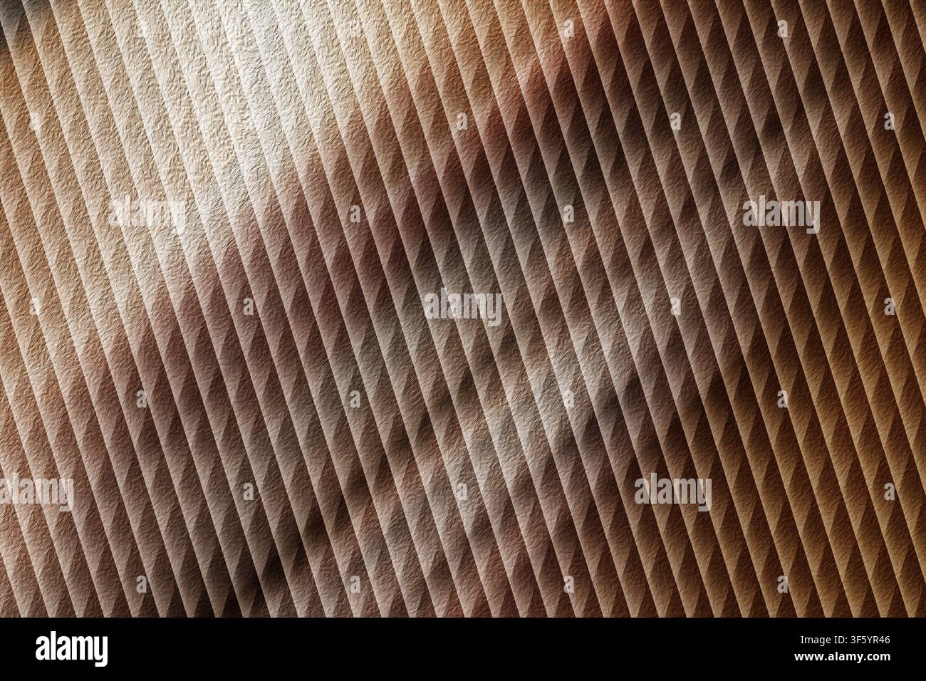 Ein strukturierter Hintergrund mit sich wiederholenden diagonalen Linien, mit warmen Brauntönen und Goldtönen sowie sanften Licht- und Schatteneffekten. Stockfoto