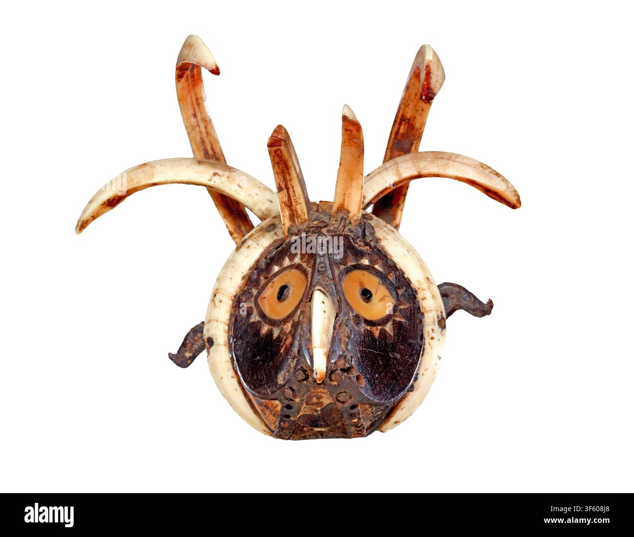Mundmaske, die wahrscheinlich den Kopf eines Hahns darstellt. Datum: 19. Jahrhundert. Irian Jaya, Indonesien. Dieses Artefakt aus dem 19. Jahrhundert ist eine traditionelle rituelle Mundmaske aus Indonesien, gefertigt aus Holz, Eberzähnen, Muschel, Perlmutt, Büffelhorn, Harz und Pigment. Auf der Insel Leti dient der Hahn als mächtiges Symbol für Männlichkeit, kriegerische Fähigkeiten und historische Kopfjagderfolge. : Es wurde in hochrangigen rituellen Tänzen verwendet, die von einem Championtänzer angeführt wurden, der als die ‚Hundezunge‘ bezeichnet wurde. Stockfoto
