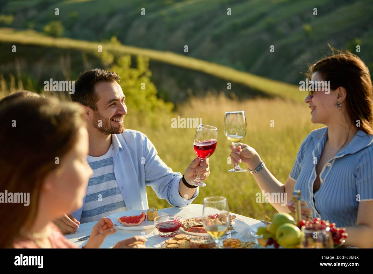 Mann und Frau stoßen während eines intimen Abendessens auf dem Land mit Weingläsern an Stockfoto