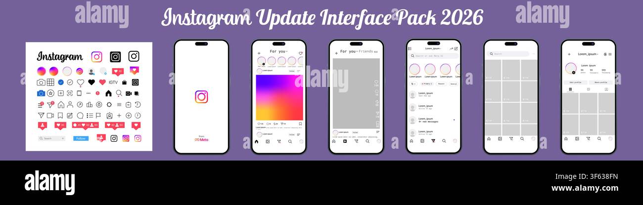 Instagram-Schnittstellen-Update 2026. Kompletter UI-Pack für Social-Media-Mobile-App mit Icons, Splash-Bildschirm, Home-Feed, Reels, Direktnachrichten, Profil Stock Vektor