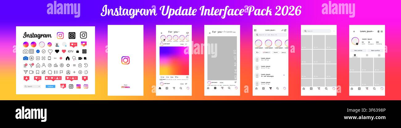 Instagram-Schnittstellen-Update 2026. Social-Media-Anwendungs-UIKit mit mobilen Bildschirmen, Icon-Sammlung, Splash-Seite, Home-Feed, Messaging und Profil Stock Vektor