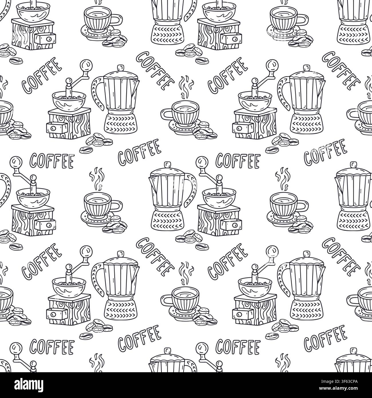 Gemütliches Kaffeihandmühle- und Moka-Kannen-Nahtlosmuster mit Text Stock Vektor