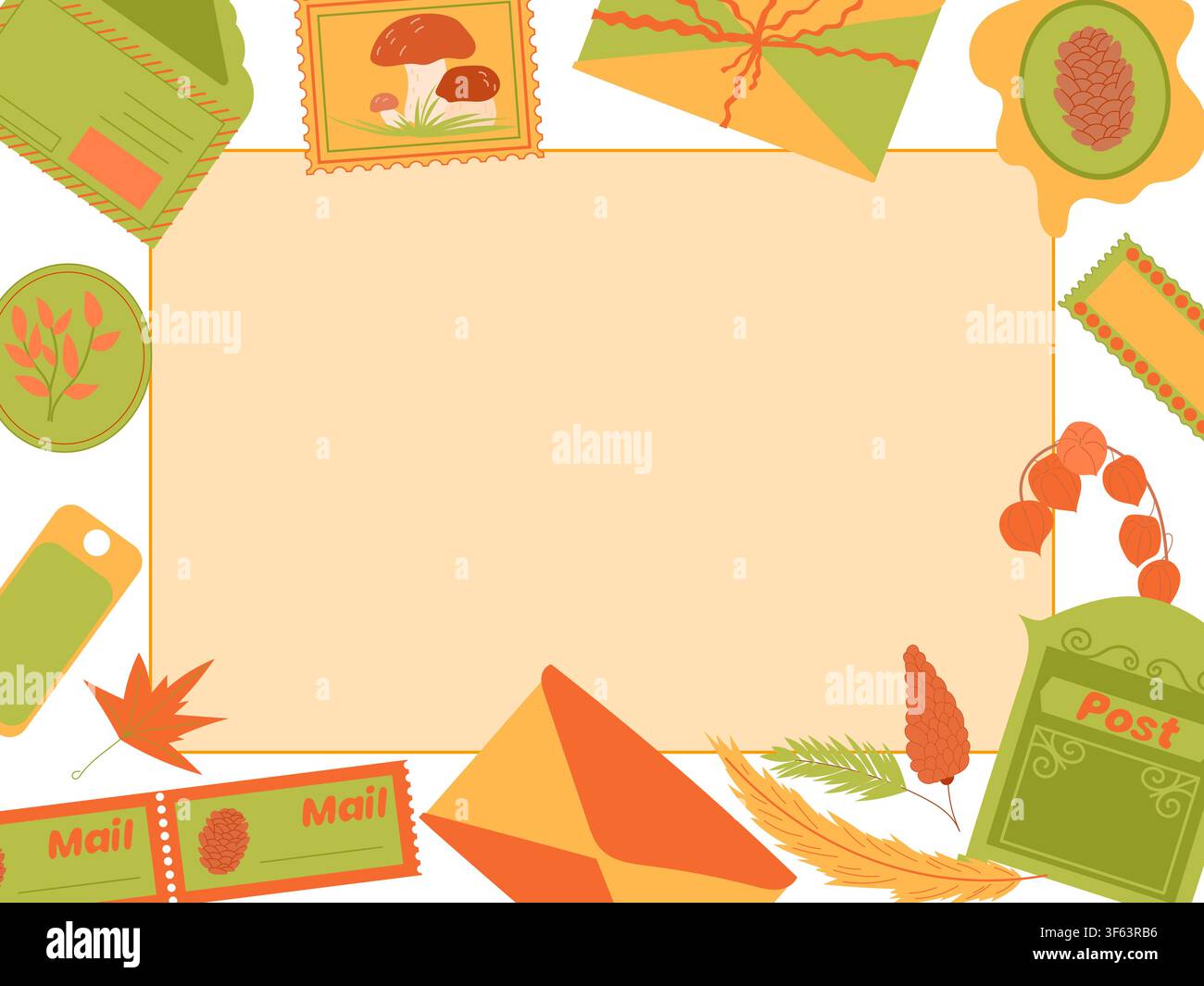 Herbstlicher Briefmarkenrahmen mit Briefumschlägen, Briefmarken, Briefkasten, Wachssiegel, Ahornblätter. Stock Vektor