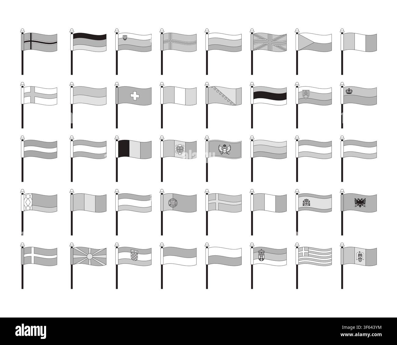 Europäische Landesflaggen auf Flaggenmasten Grauwert-Linien-Cartoon-Clipart-Set Stock Vektor