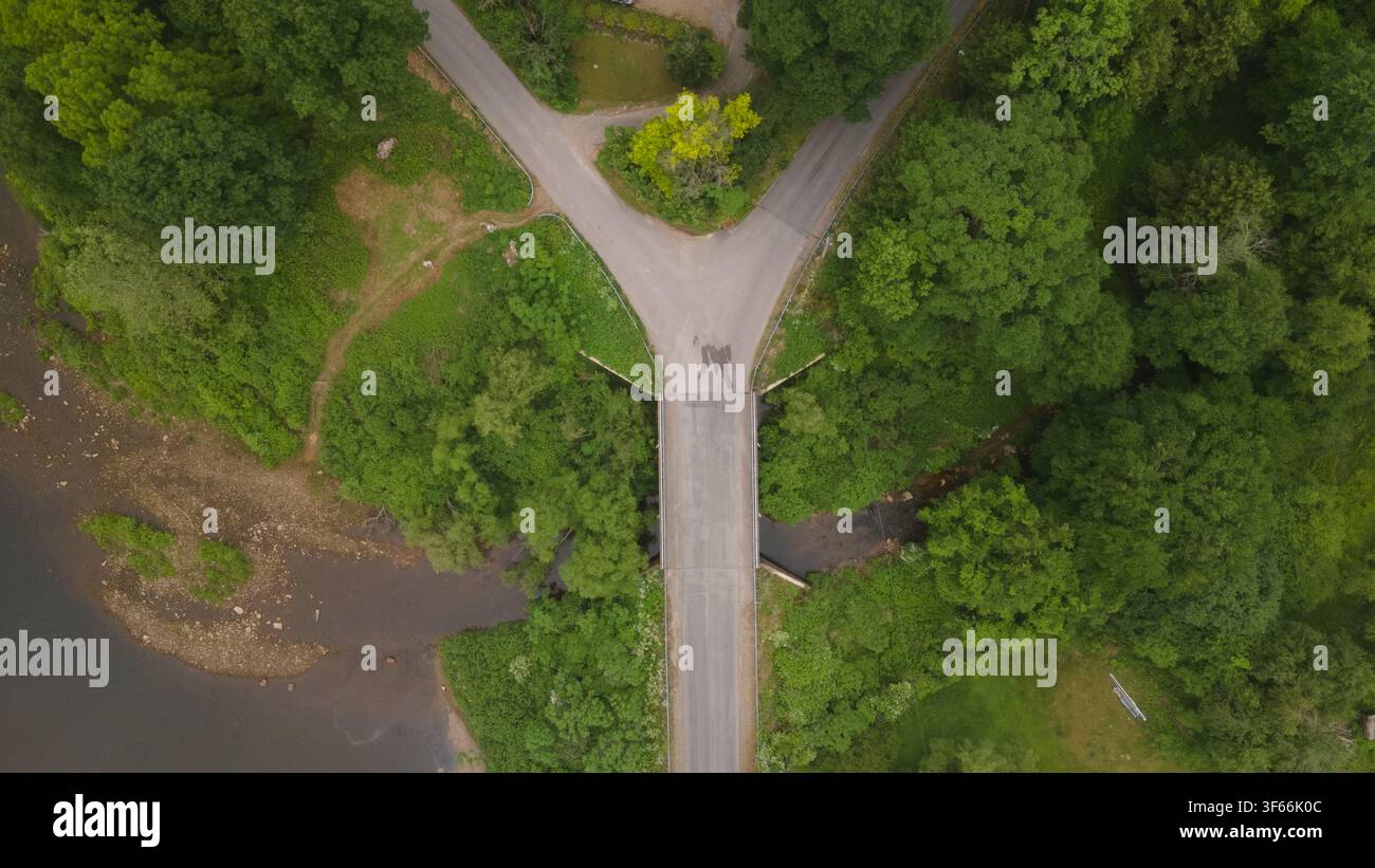Luftaufnahme einer Brücke, die einen Fluss innerhalb der üppigen Vegetation des Allegheny National Forest in Bradford, Pennsylvania, USA, überspannt Stockfoto