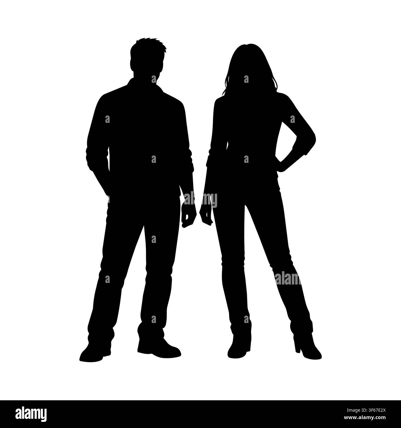 Eine schwarze Vektorsilhouette zeigt einen Mann und eine Frau, die zusammen stehen. Das Setting ist neutral ohne spezifischen Hintergrund oder Details. Sie erscheinen nebeneinander in einer lässigen Haltung. Stock Vektor