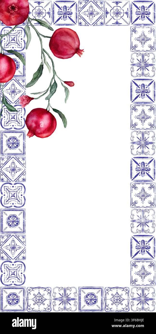 Rechteckiger Rahmen aus traditionellen portugiesischen Azulejo-Fliesen und Granatapfelbranche. Mediterrane, spanische Keramiktradition. Handgezeichnetes Aquarell Stockfoto