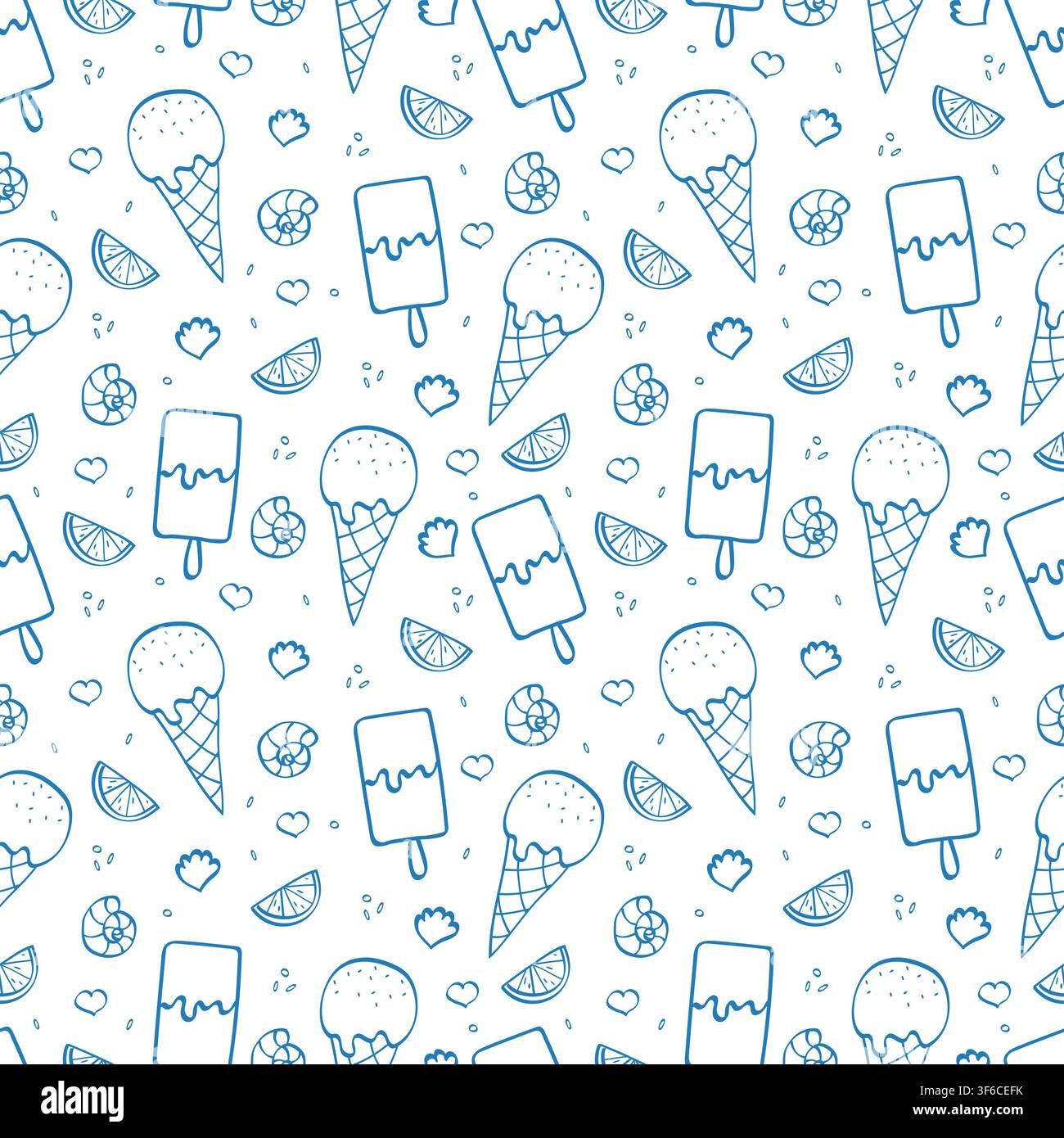 Nahtloses Muster mit handgezeichneten Doodle-Eiscreme. Hintergrund für Verpackungen, Geschenkpapier, Stoff, Textilien, Tapeten, Menüs und Sommerdesign. Stock Vektor