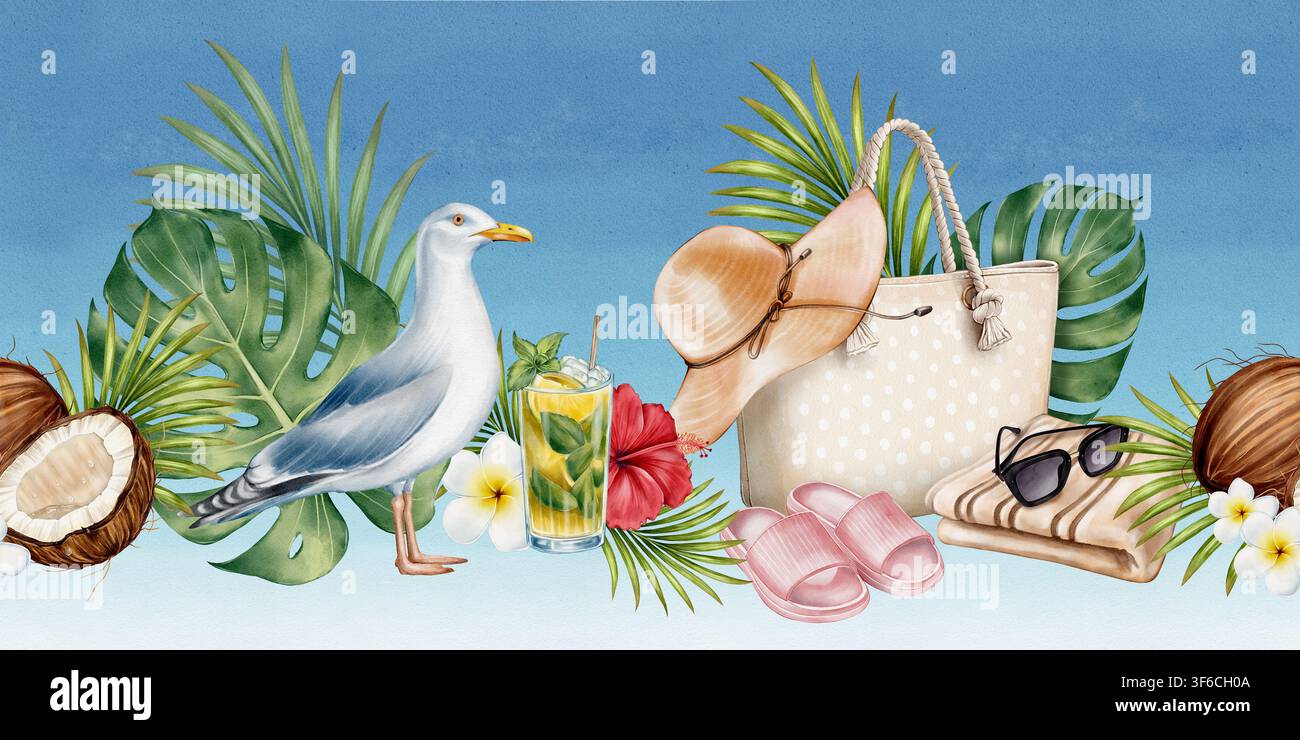 Strandurlaub nahtlose Grenze im Aquarellstil mit tropischen Pflanzen, Sommeraccessoires, Blumen und Meereselementen, wiederkehrendes Design für t Stockfoto