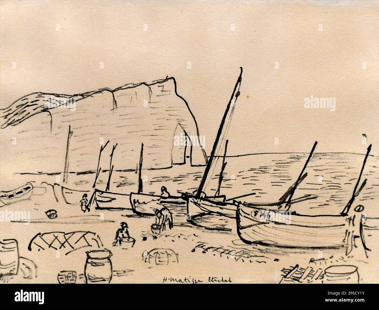 Étretat, der Strand und die Klippe von Aval, geschaffen im Jahr 1920 vom französischen Künstler Henri Matisse (1869–1954). Feder und Indiatinte auf Papier, darstellend Fischerboote Stockfoto