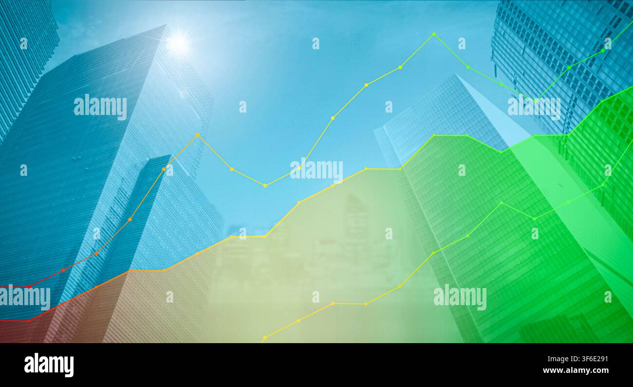 Steigendes Diagramm-Chart-Overlay über einer Wolkenkratzer-Stadtlandschaft Stockfoto
