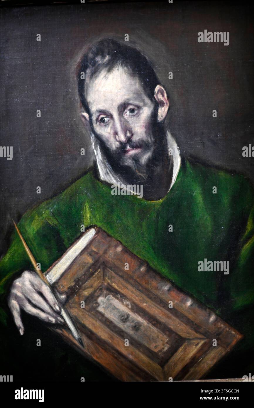 Sankt Lukas, gemalt um 1590 von El Greco (Doménikos Theotokópoulos, 1541–1614). Öl auf Leinwand, der Evangelist Sankt Lukas hält ein Manuskript Stockfoto