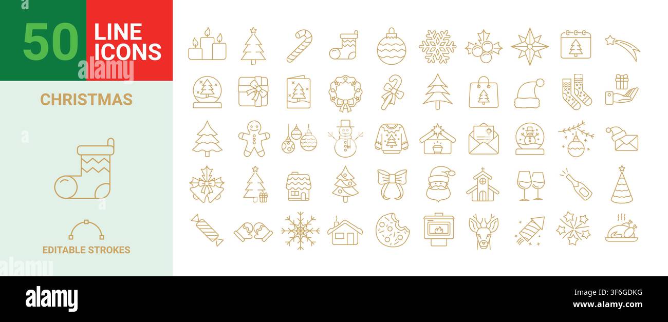 Satz von 50 Weihnachts-Icons, Vektoren im Vektorformat, bearbeitbare Striche. Stock Vektor