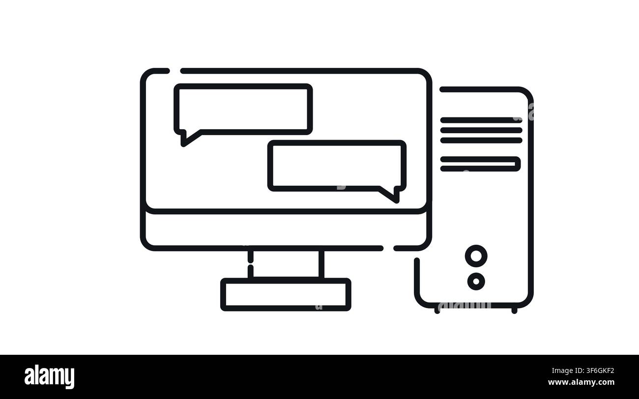 Desktop-Computer-Turm und Monitor mit Sprechblasen-Chat-Symbol auf dem Bildschirm Vektor-Icon. Schwarzer Linienstil auf weißem Hintergrund. Stock Vektor