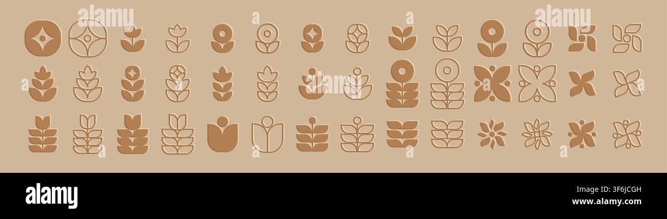 Mid-Century-Modern Botanisches Grafik-Blumen- und Blätter-Icons-Set Stock Vektor