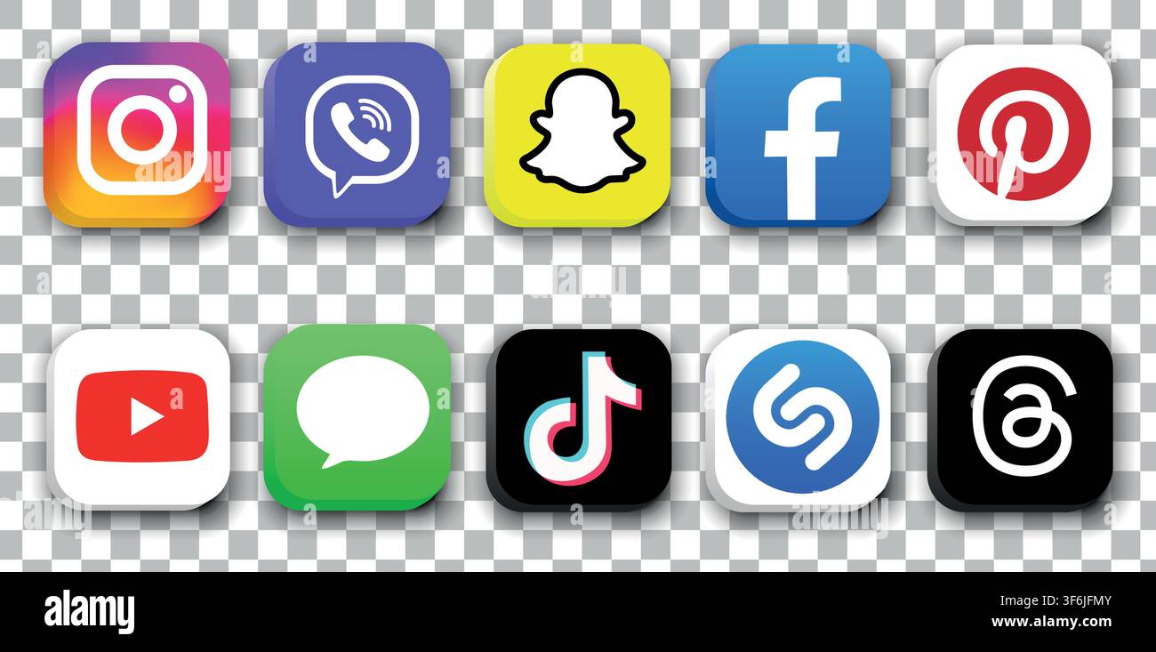 Vektorset mit Social-Media-Ikonen-Logo. Instagram, Viber, Snapchat, Facebook, Pinterest, YouTube, Massanger, TikTok, Shazam, Threads-App. Beliebte Social-M Stock Vektor