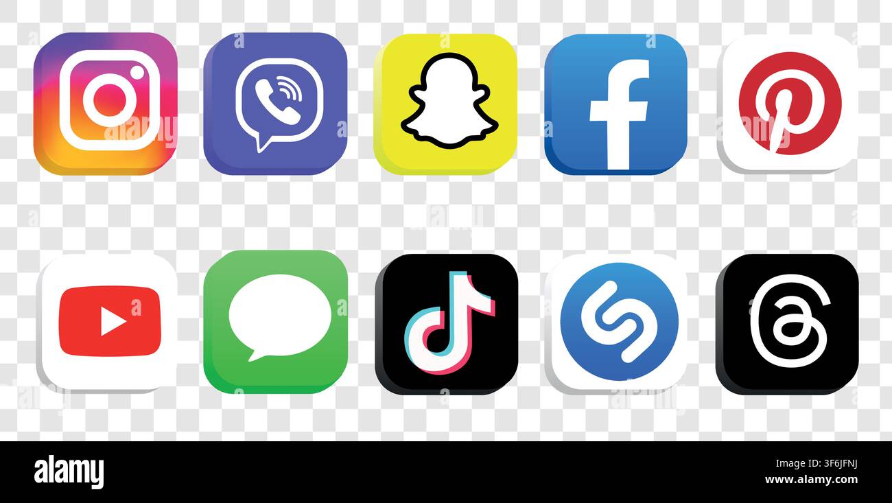 Vektorset mit Social-Media-Ikonen-Logo. Instagram, Viber, Snapchat, Facebook, Pinterest, YouTube, Massanger, TikTok, Shazam, Threads-App. Beliebte Social-M Stock Vektor