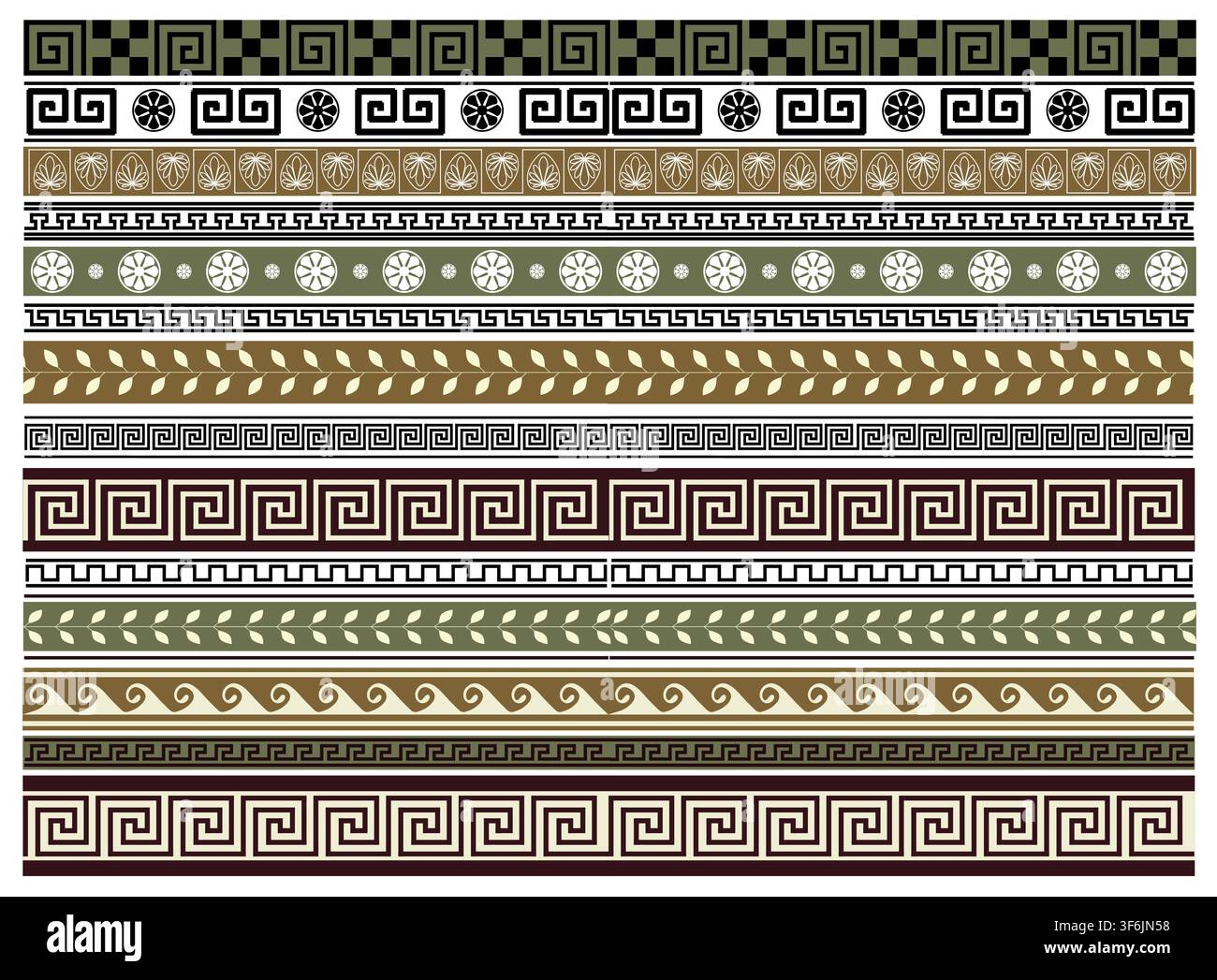 Vektor-Set mit 14 antiken geometrischen Rahmen im antiken griechischen Stil, nahtlos isoliert auf weißem Hintergrund Stock Vektor