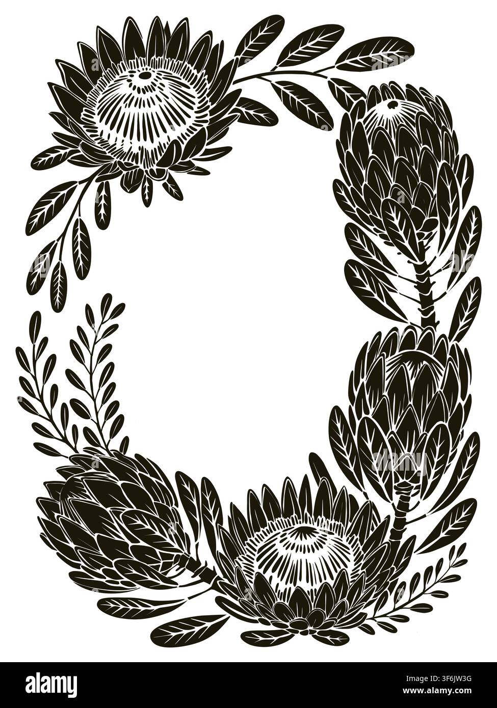 Eleganter Blumenrahmen in schwarzer Tinte auf weißem Papier. Stock Vektor