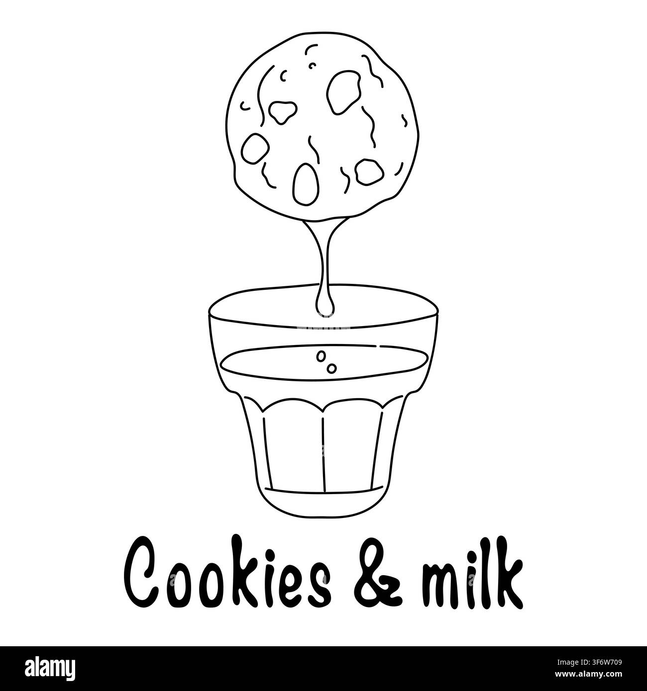 Cookies und Milch-Schrift-Clipart mit einem Schokoladenkeks, der in ein Glas Milch getaucht ist. Stock Vektor