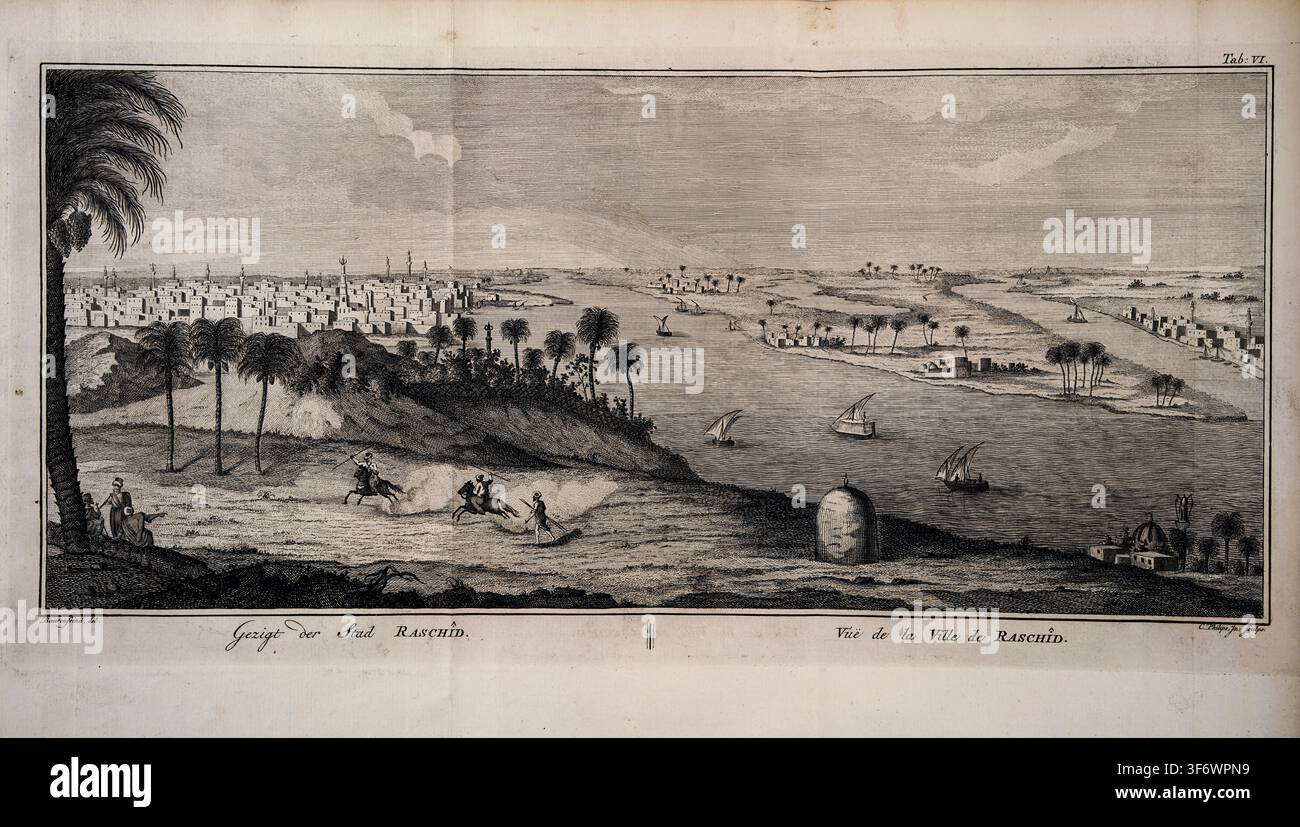 Panoramablick auf Rosetta - Rashid - Stadt und den Nil, mit Menschen zu Pferd, Palmen und traditionellen Segelbooten entlang der historischen ägyptischen Landschaft. Aus Voyage en Arabie et en d'autres pays circonvoisins von Niebuhr, Carsten, 1733-1815 [Reisen in Arabien und anderen umliegenden Ländern von Carsten Niebuhr, 1733-1815] Veröffentlichungsdatum 1776 Stockfoto