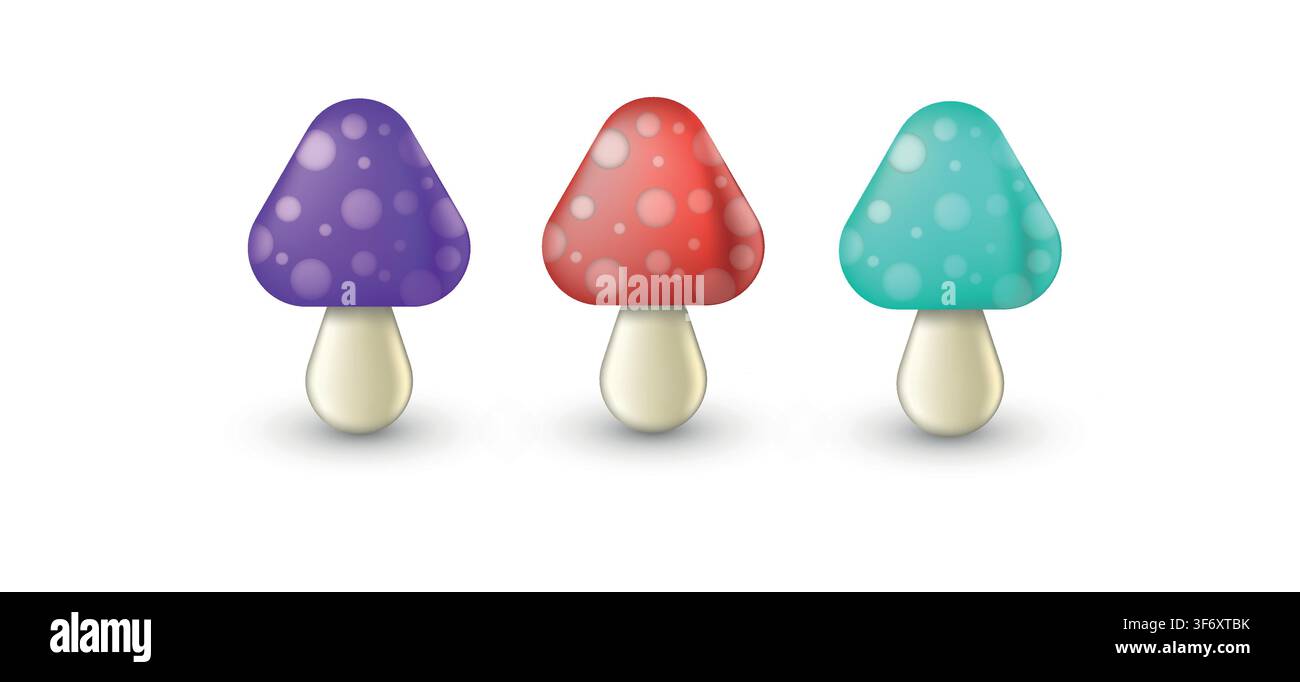 Satz gefärbter giftiger Pilze im 3D-Stil. Vektorillustration auf weißem Hintergrund Stock Vektor