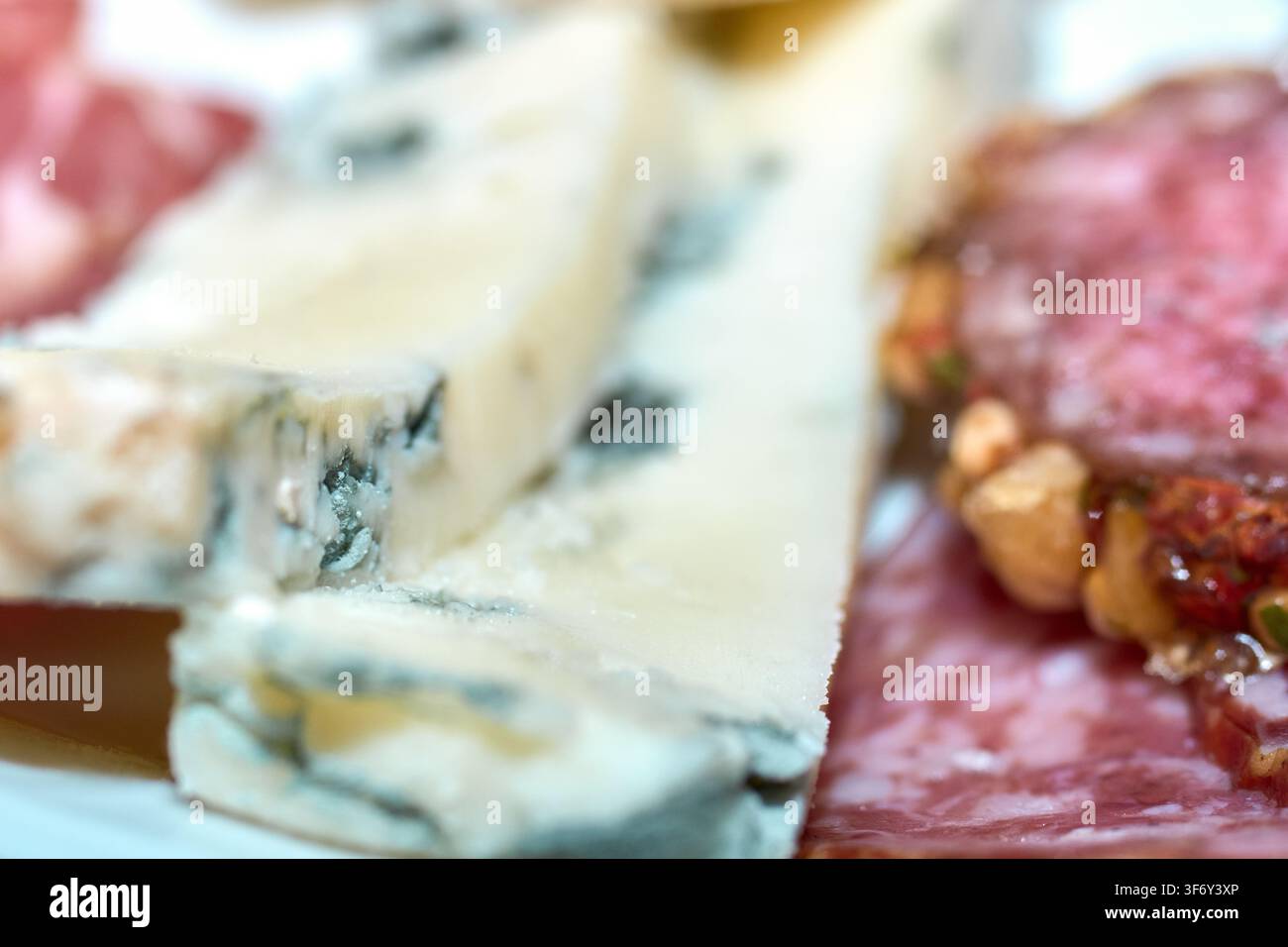 Nahaufnahme von verschiedenen geschnittenem Blauschimmelkäse mit Schimmeladern und einem Gourmet-Selchfleisch-Teller, serviert als Vorspeisen-Snack. Stockfoto