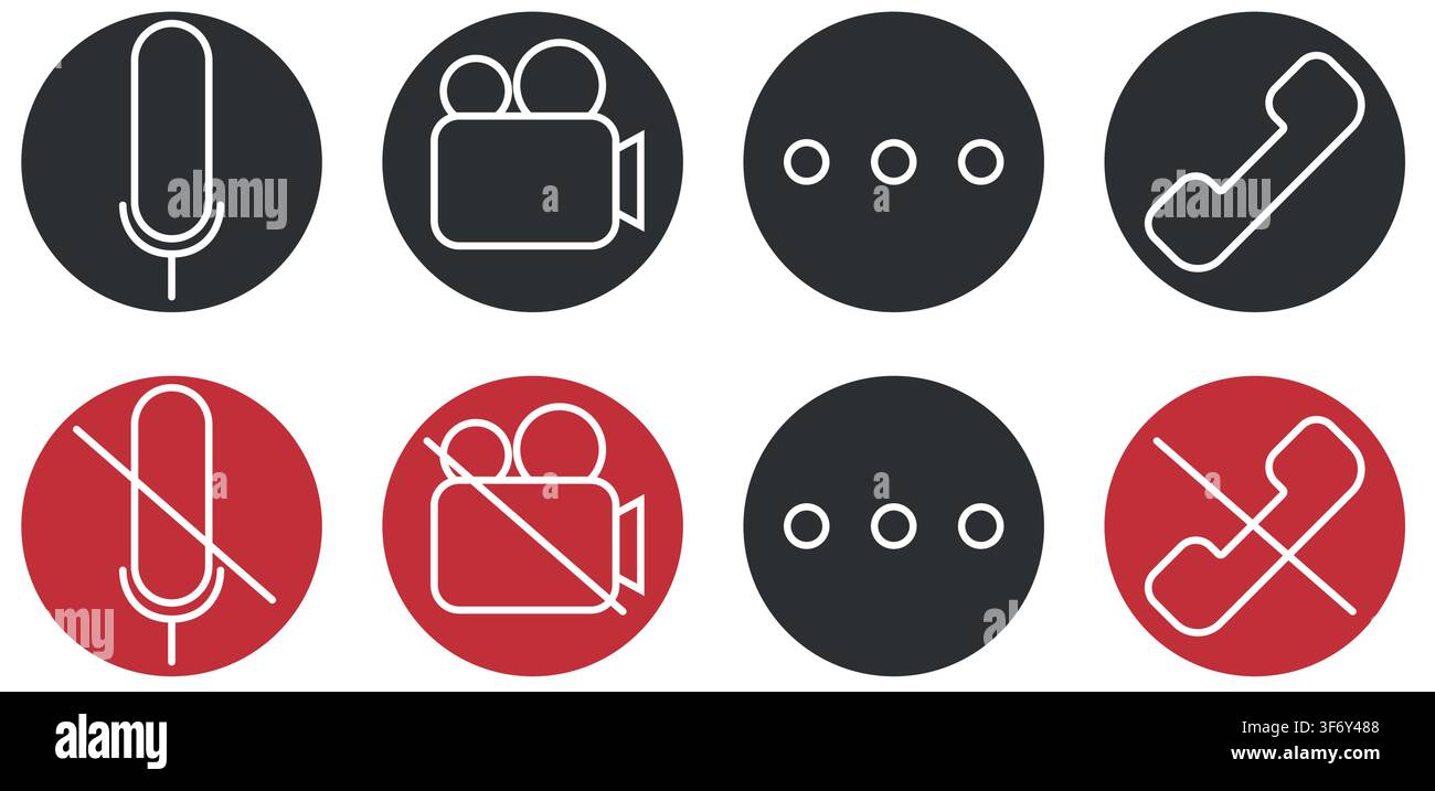 Satz von Videoanrufsymbolen. Videokonferenz. Collections-Schaltflächen der Online-Video-Chat-App, Internet-Talk, Anruftechnologie. Vorlage für die Anzeige der Web-App-benutzeroberfläche. Stock Vektor
