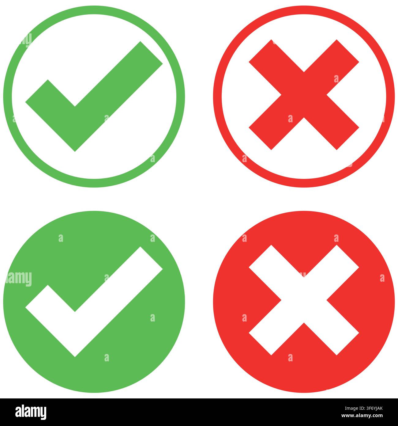 Haken- und Kreuz-Bürstenzeichen. Grünes Häkchen OK und rote X-Symbole, isoliert auf weißem Hintergrund. Symbole JA- und NEIN-Knopf Stock Vektor