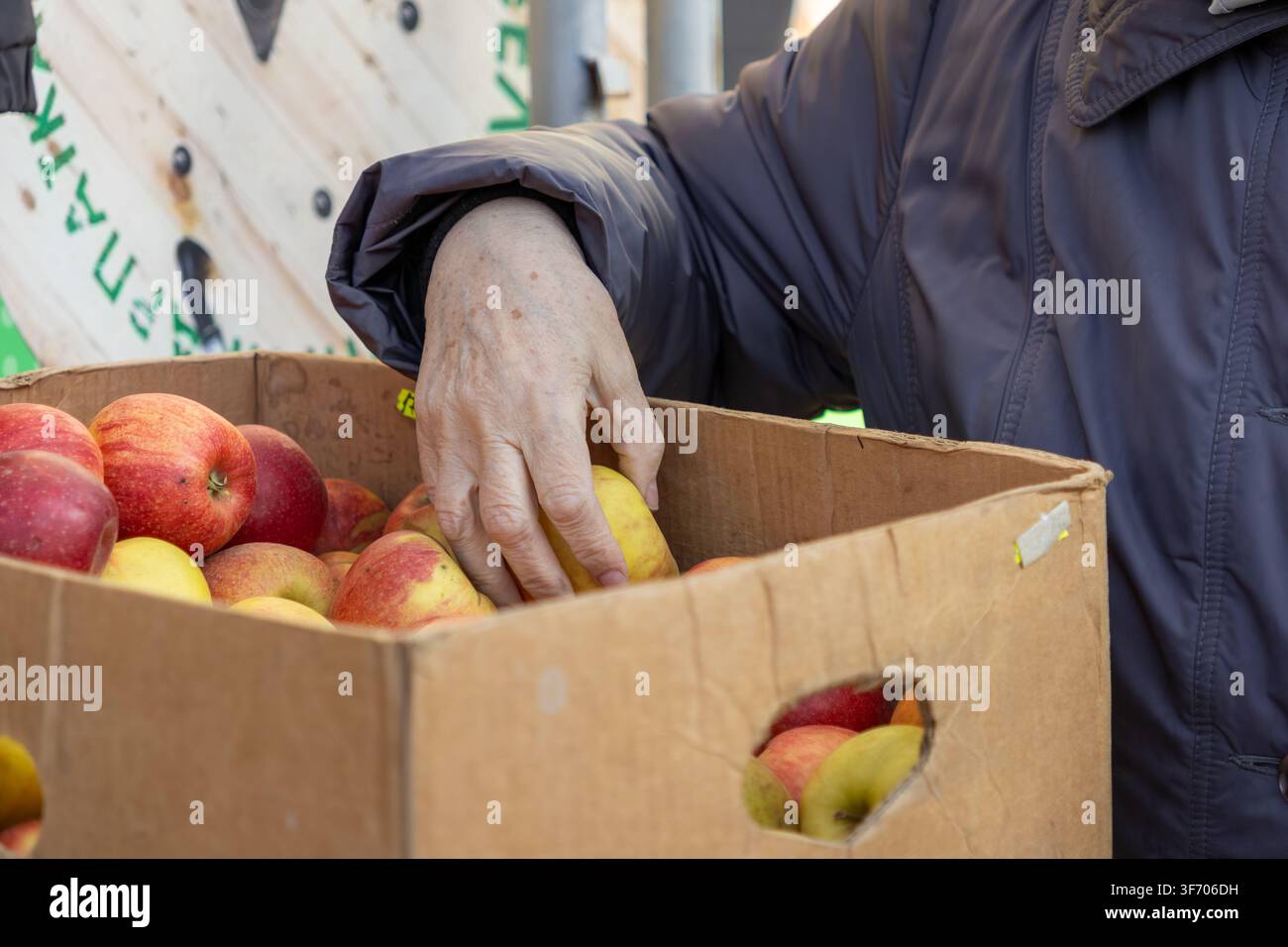 Nahaufnahme einer betagten Hand, die einen saftigen Apfel aus einer Kiste mit Lebensmitteln pflückt, und betont ein achtsames Einkaufserlebnis und die Wertschätzung für Qualität Stockfoto