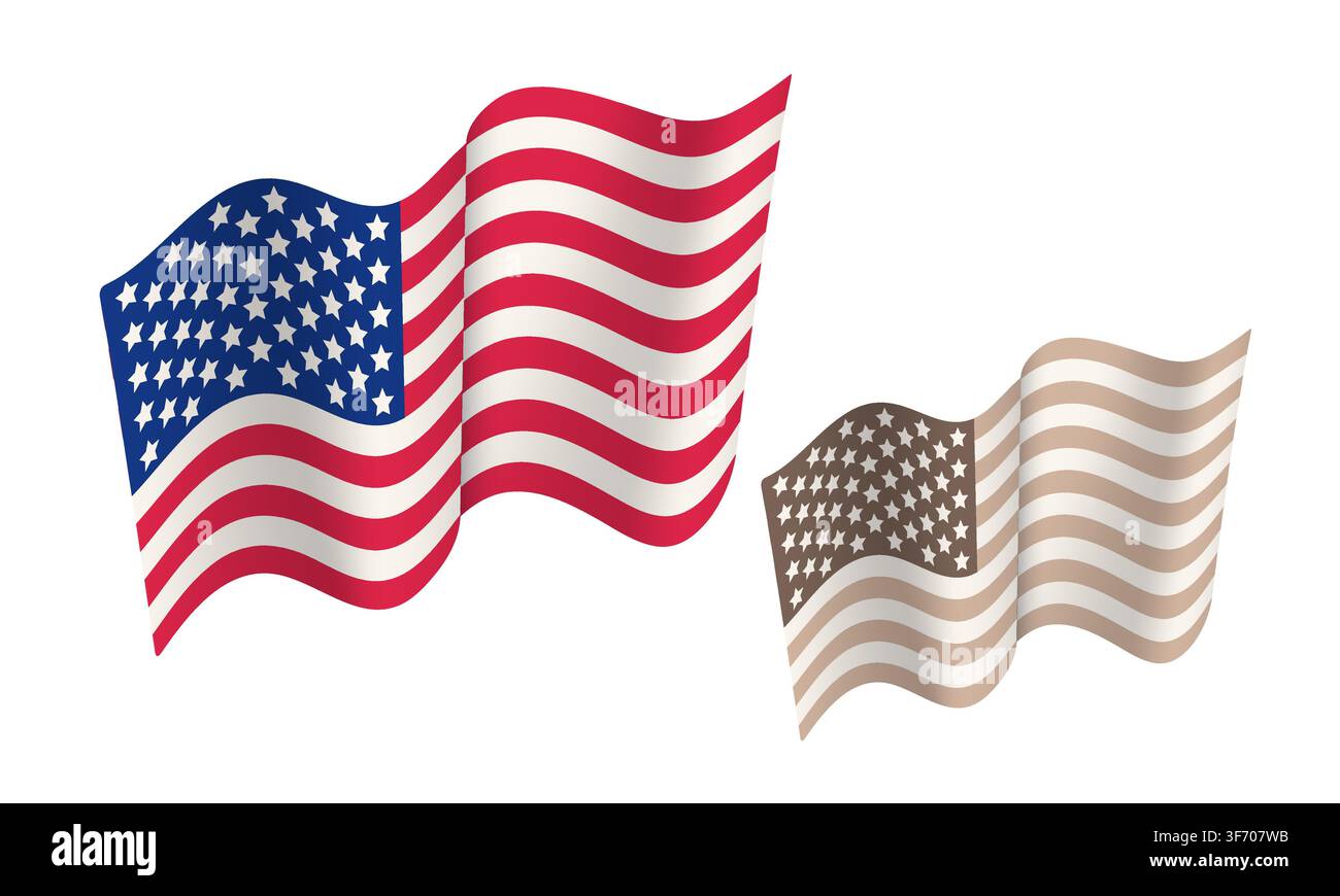 Vektor-Setsymbol der Flagge der USA für den amerikanischen Gedenktag oder Veteranentag im Retro-Stil. Vektorillustration einer amerikanischen Flagge im Vintage-Stil. Stock Vektor