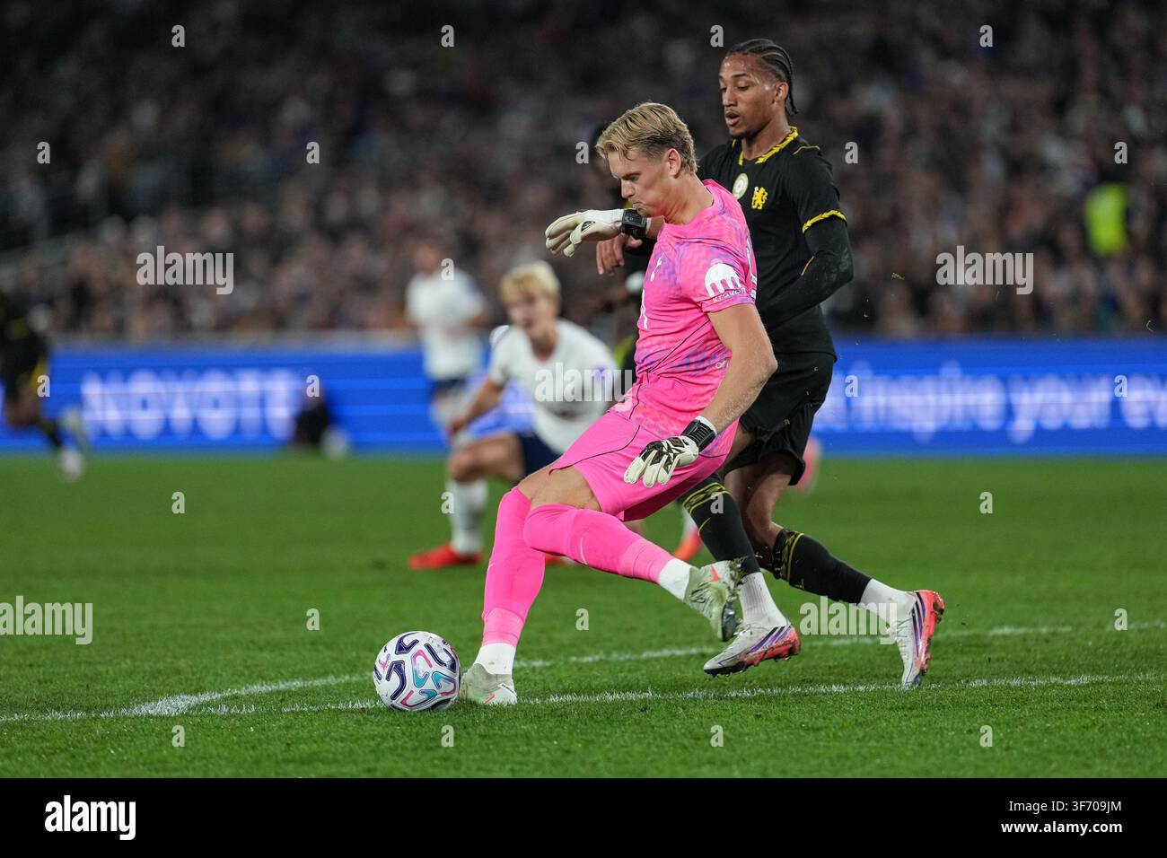Tottenham-Torwart Antonin Kinsky spürt den Druck von Chelseas Joao Pedro während des Spiels Chelsea FC gegen Tottenham Hotspur im Sydney Super Cup am 1. Stockfoto