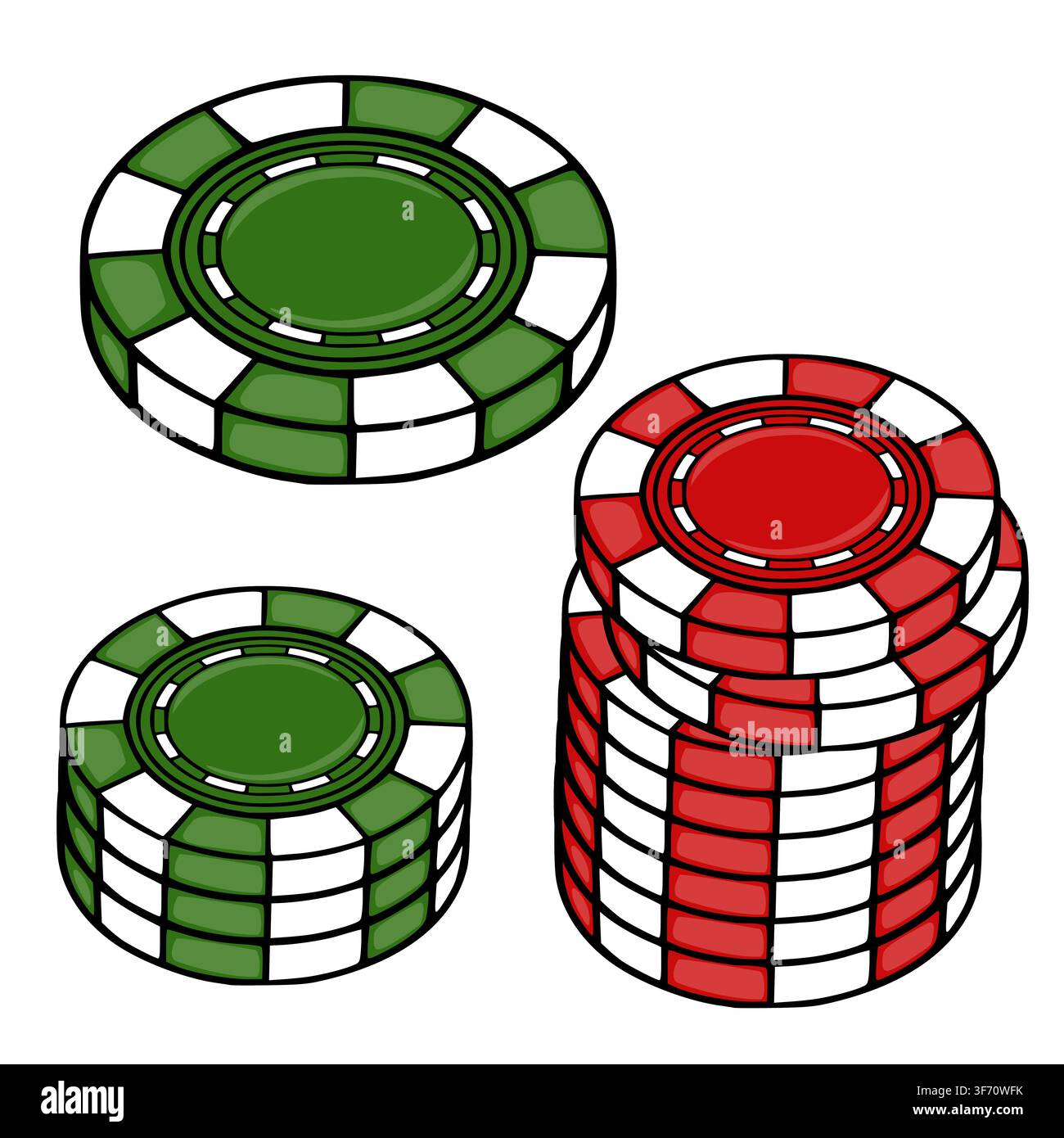 Vektorillustration von Casinopokerchips mit Stapeln aus roten und grünen Spielchips Stock Vektor