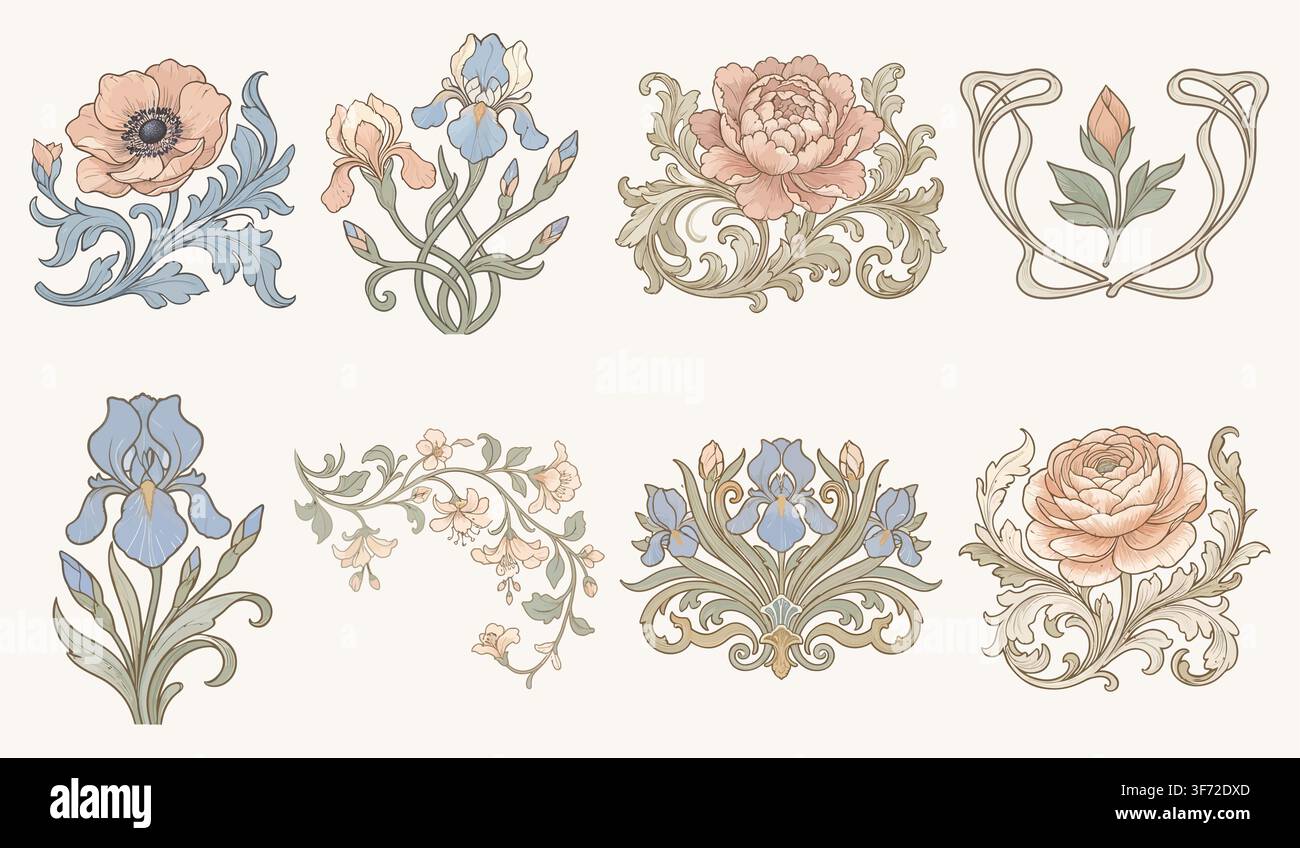 Art Nouveau-Blumen-Vektorset, Vintage-Blumen, Pfingstrosen, Iris und dekorative Ornamente isoliert auf weißem Hintergrund. Stock Vektor