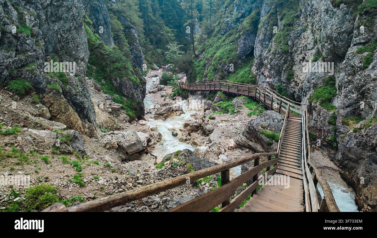 Holzsteg durch die felsige Silberkarklamm-Schlucht in Ramsau am Dachstein, Steiermark, Österreich - Smartphone-aufgenommenes Stockfoto
