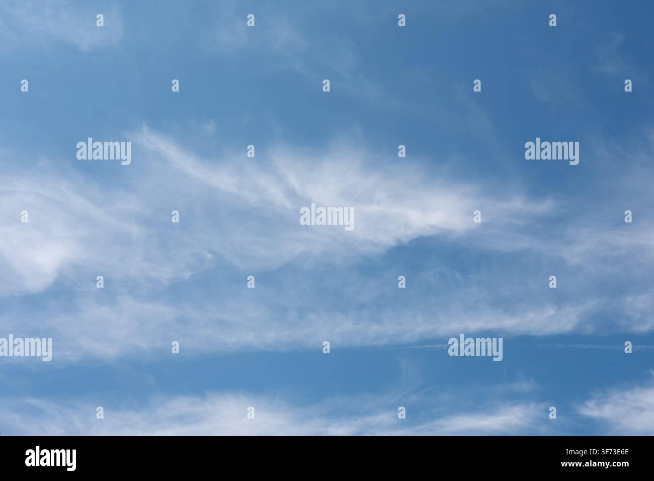 Helle weiße Cirruswolken erzeugen ein weiches, luftiges Muster vor einem klaren blauen Sommerhimmel Stockfoto