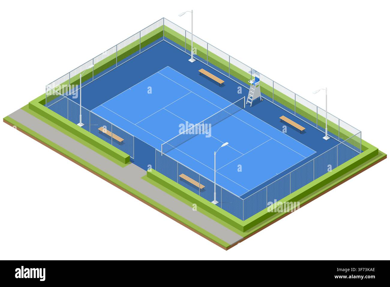 Isometrischer Tennisplatz im Freien mit Netz, Schiedsrichterstuhl und Bänken für Sporteinrichtungen und Erholung Stock Vektor