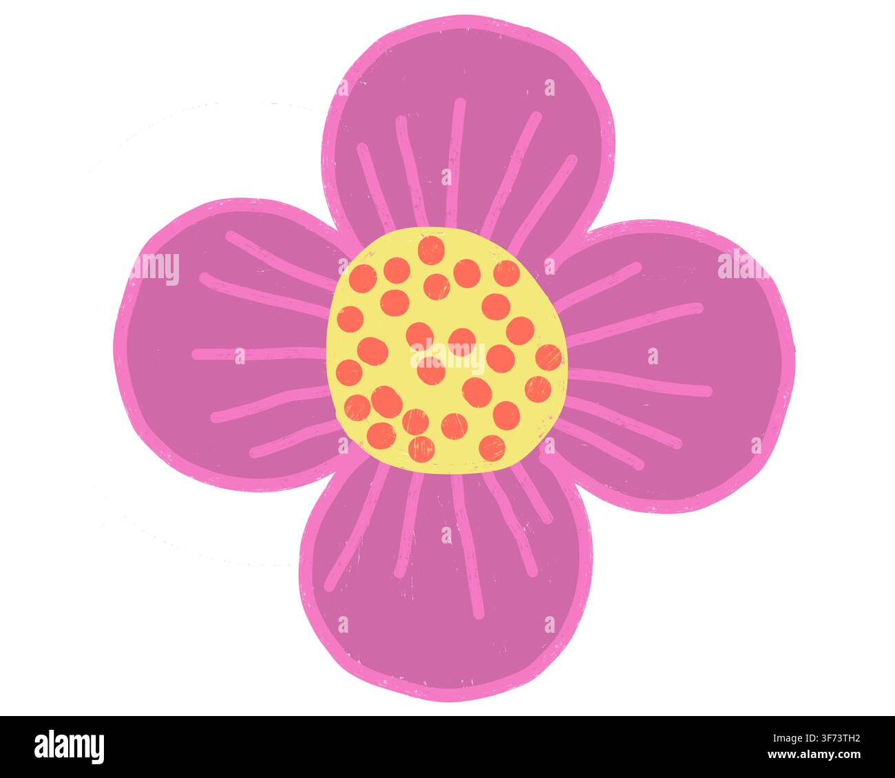 Eine einzelne handgezeichnete magentafarbene Blume mit einem gelben polka-punktierten Zentrum und strahlenden Blütenlinien, geeignet für Frühlings-/Sommerdekor, Grußkarten usw. Stockfoto