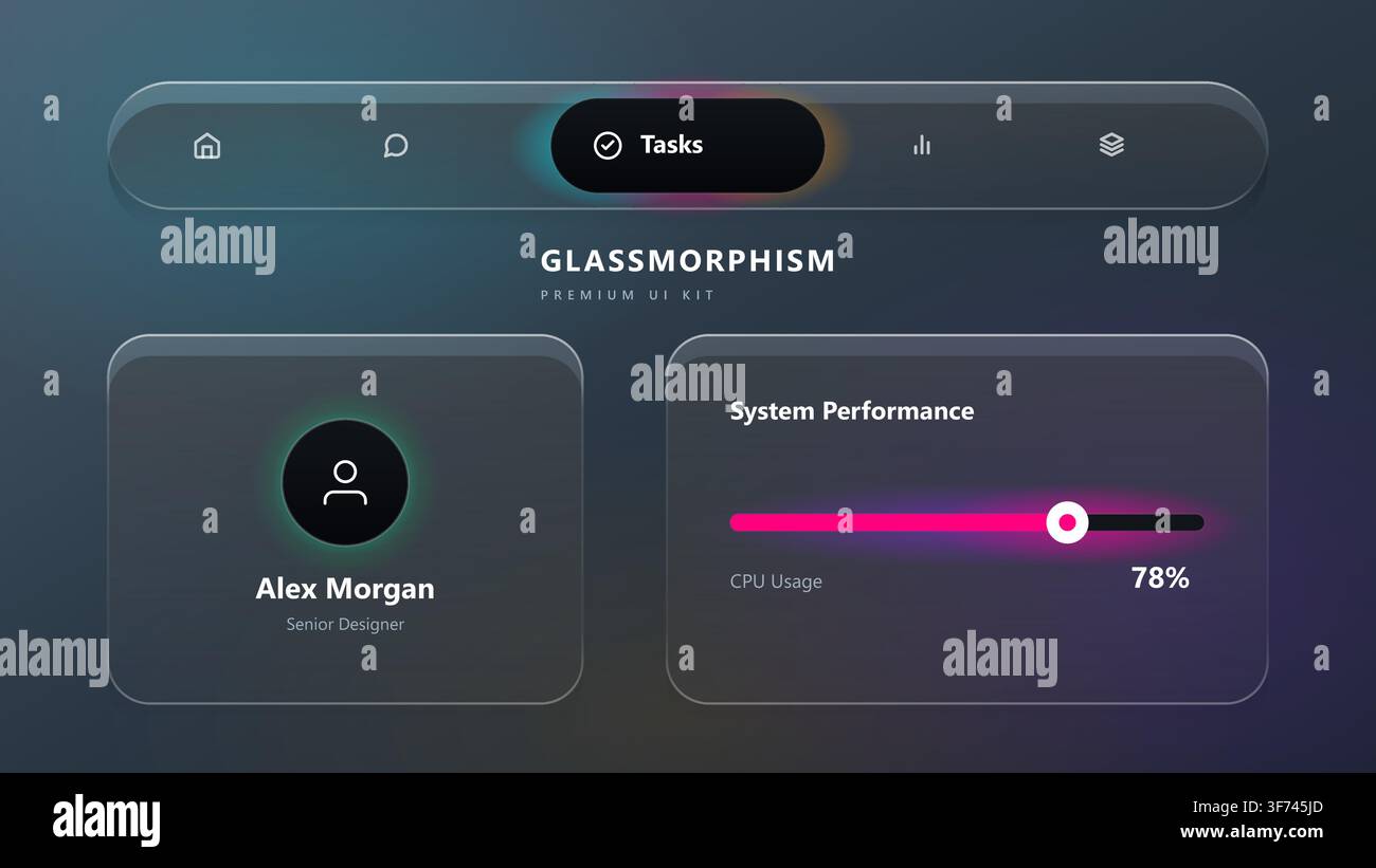 Glassmorphism-Premium-UI-Kit-Dashboard mit Navigationsleiste und Systemleistungsmonitor Stock Vektor
