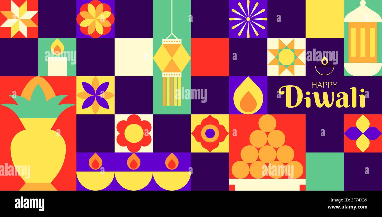 Diwali-Panorama-Banner mit Topf und Süßigkeiten-Pyramide-Vektor-Illustration Stock Vektor